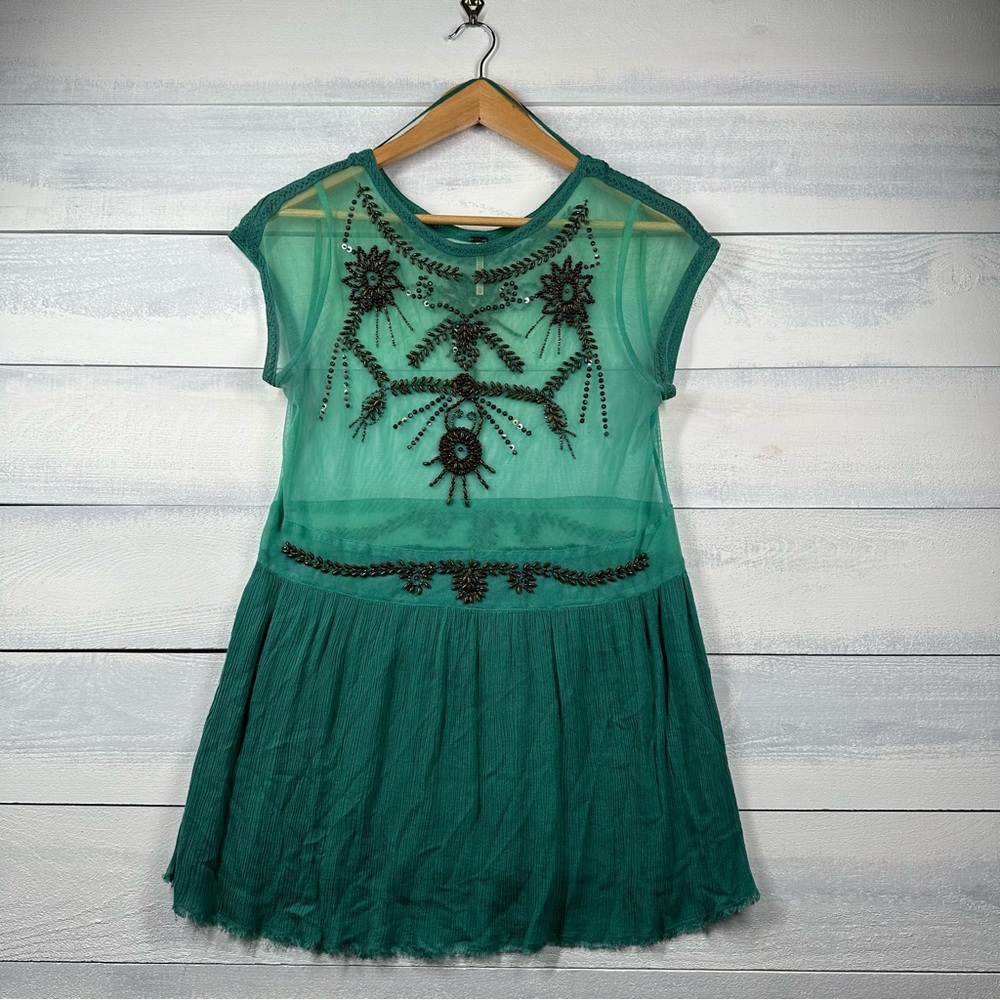 Free Peoples Folklore Embellished Beaded Mesh Green Short Sleeve Blouse